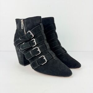 Rebecca Minkoff 8.5 Black Suede Buckle Zip Women Ankle Boots Designer Luxury